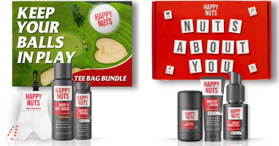 two men's Happy Nuts body care gift sets with gift boxes