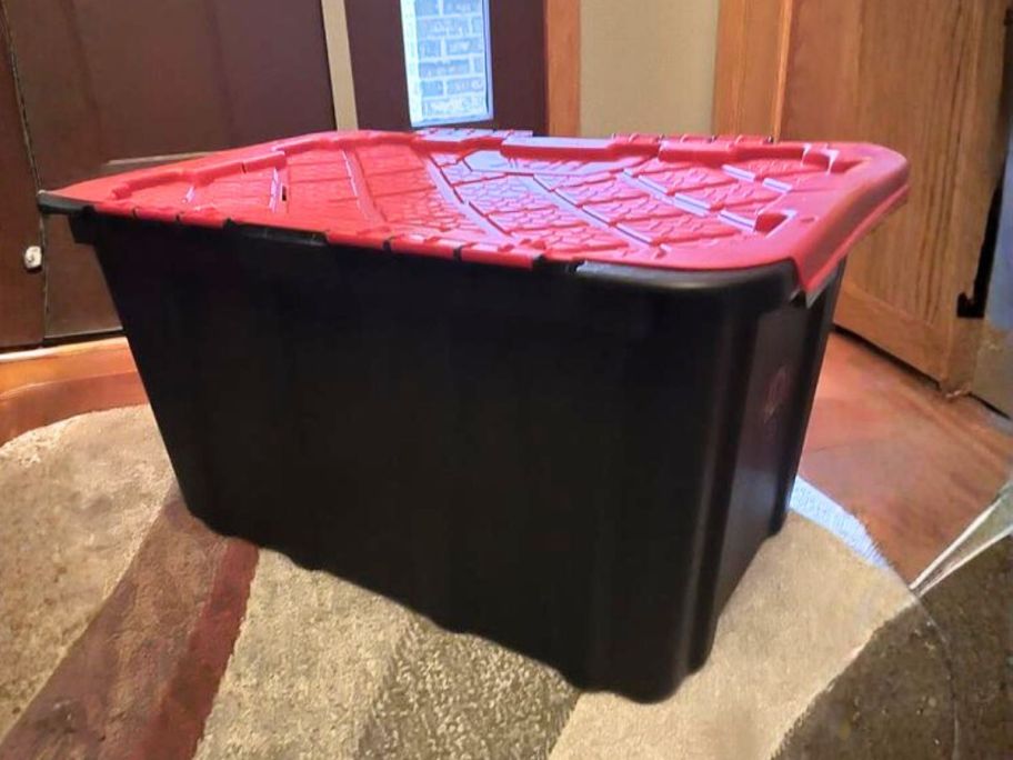 HDX 27-Gallon Flip Top Tote in entryway