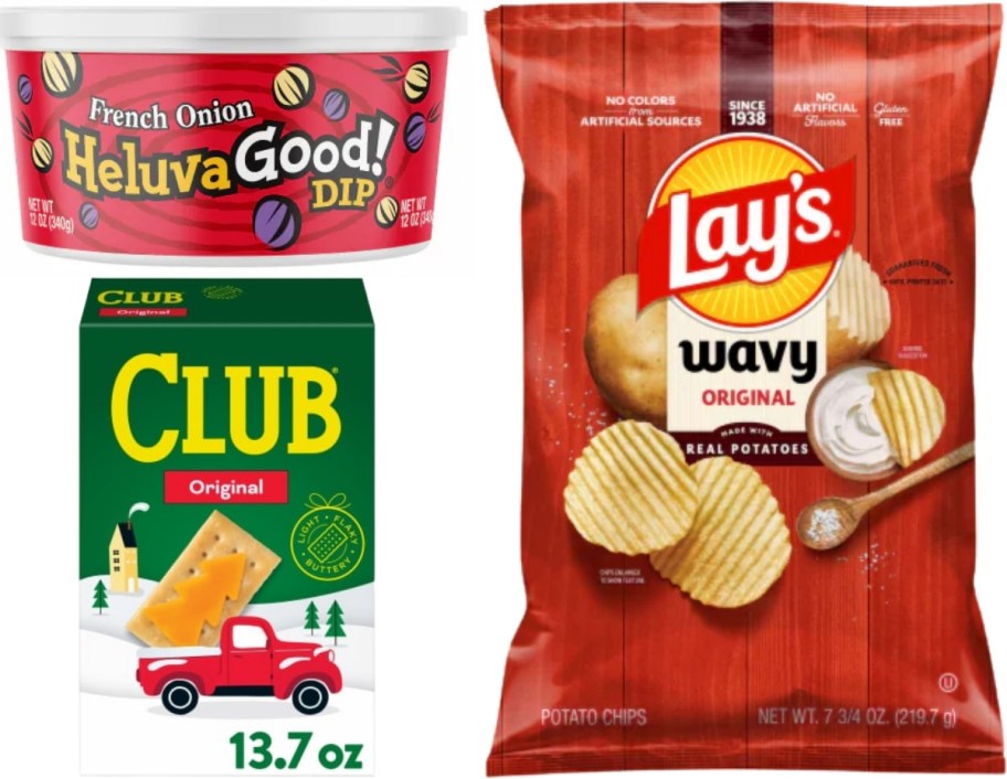 dip, crackers and potato chips