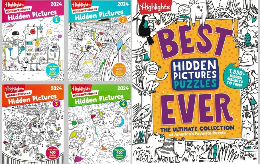 four pack and single hidden picture books