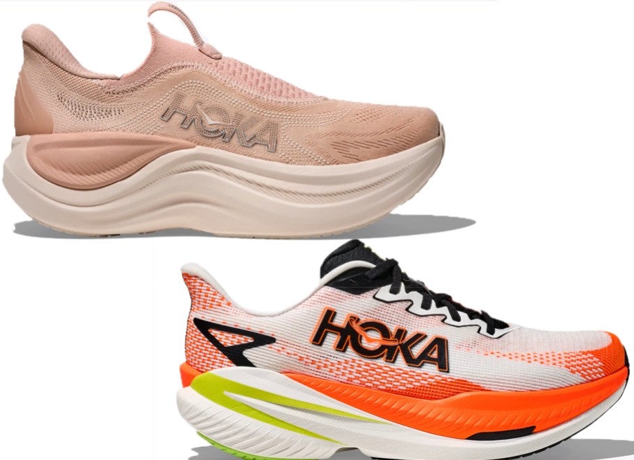 pink and white/orange hoka shoes