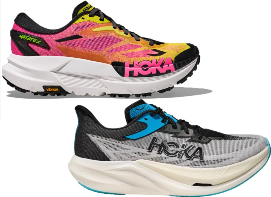 pink/orange, and blue/gray hoka shoes