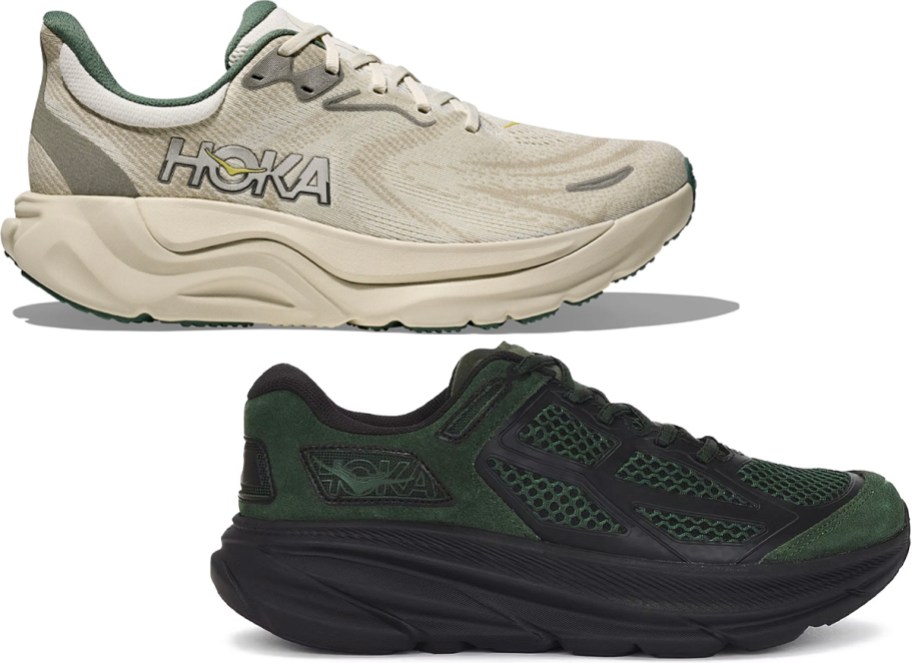 white and black/green hoka shoes