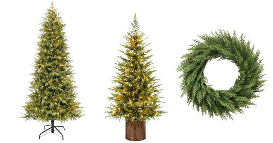 two holiday living Tyler Pine trees and wreath