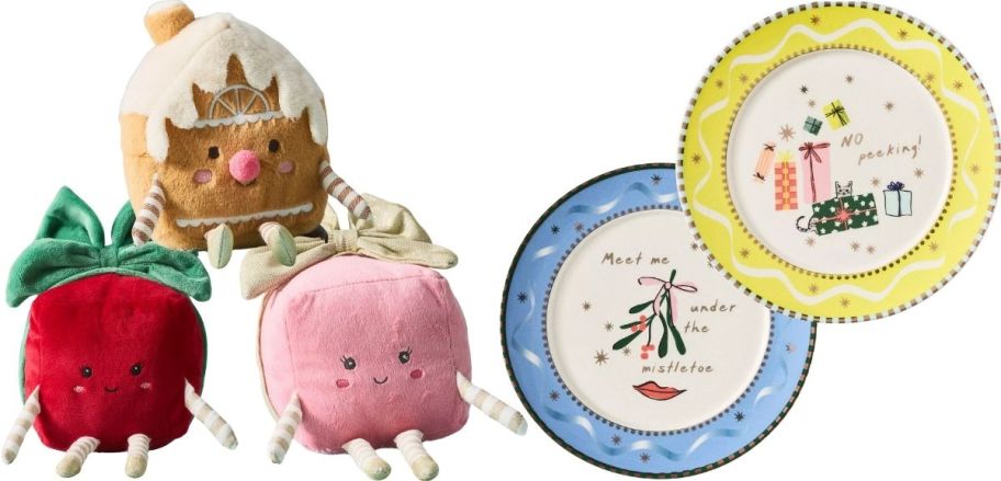 three plush friends and 2 dessert plates