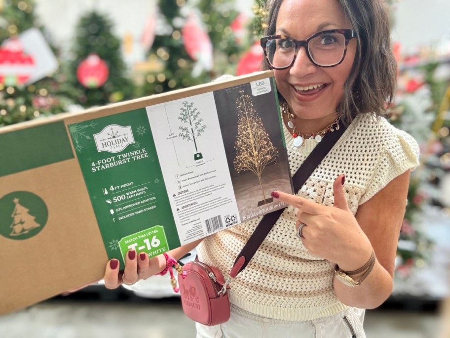 woman in a store holding a box with a christmas tree in it