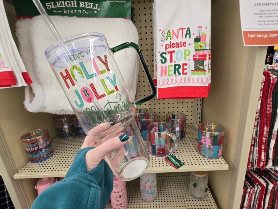 A holly jolly Christmas tumbler at Hobby Lobby.