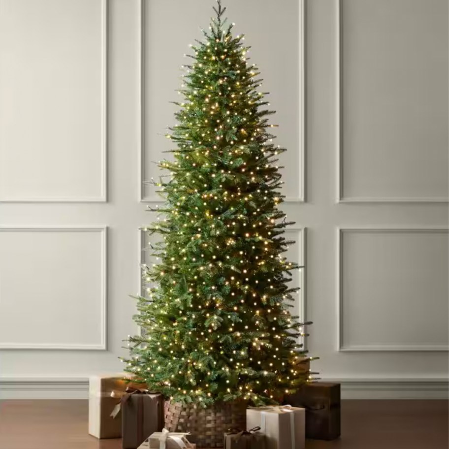 slim pre lit christmas tree with presents