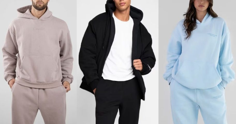 3 models wearing different styles and colors of hooded sweatshirts