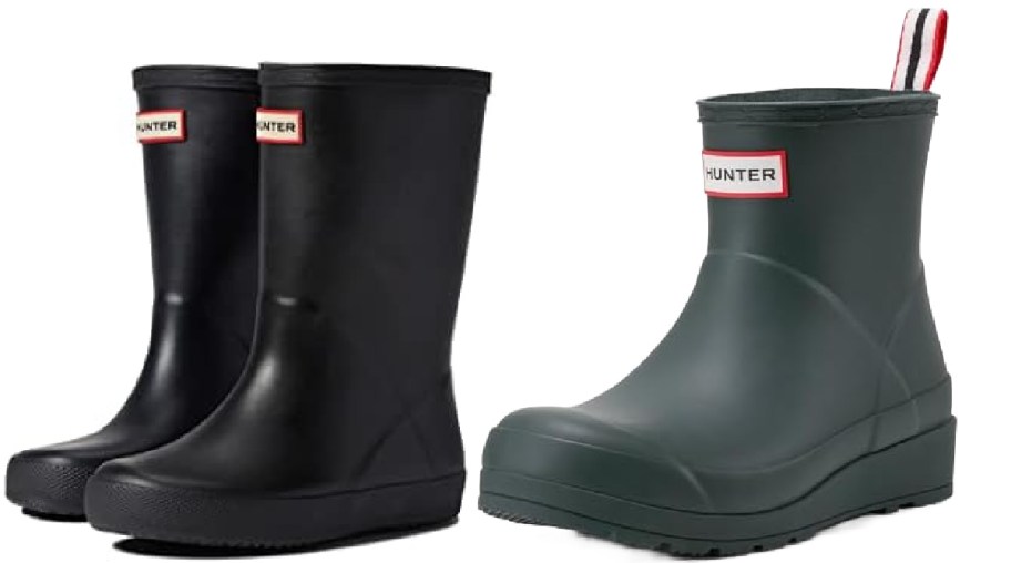 Two pairs of Hunter boots.