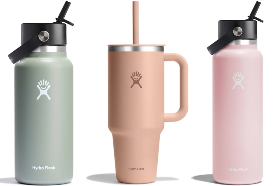 green, peach, and pink hydroflask bottles