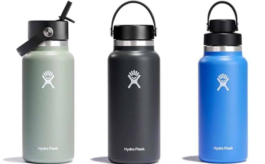 green, black and blue water bottles 