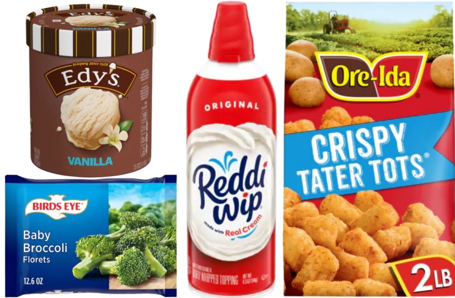 icecream, forzen broccoli, can of whipped cream, bag of tater tots