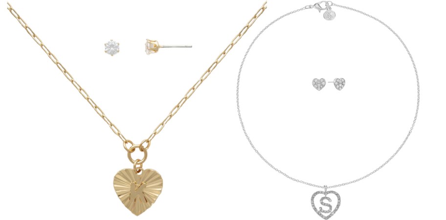 Gold necklace with a textured heart pendant and a gold stud earring on the left; silver necklace with a heart pendant and stud earrings on the right.