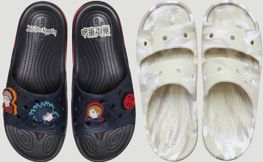 two pair of adult crocs slides