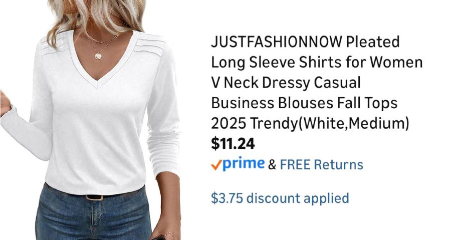woman wearing white shirt next to Amazon pricing information