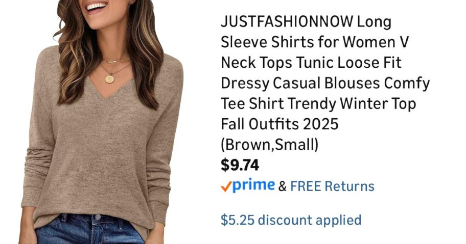 woman wearing tan sweater next to Amazon pricing information