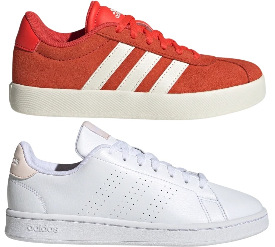 orange kids sneaker and white womens sneaker