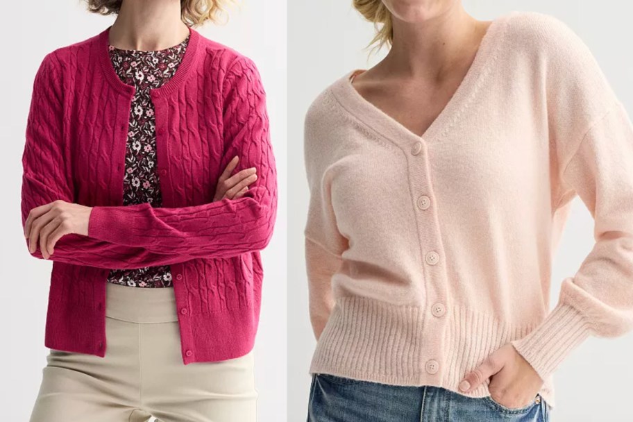 women in light and dark pink cardigans