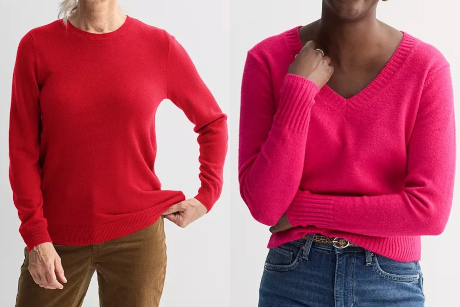 women in red and maroon v neck sweaters