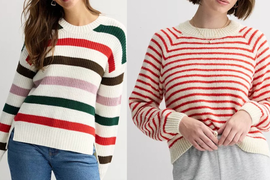 women in multi colored striped sweaters