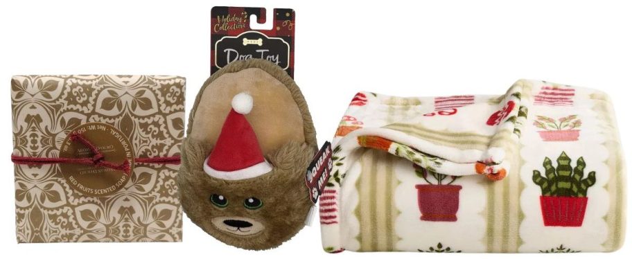 soap, dog toy, and blanket