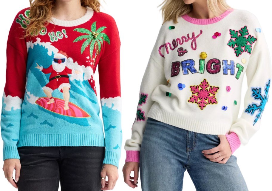 Two people modeling holiday sweaters side by side, featuring a red and blue surfing Santa Claus design with the text "Ho! Ho! Ho!" on the left and a white sweater with pink and green snowflakes and the text "Merry & Bright" on the right.
