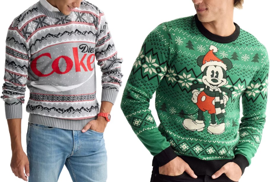 Two people modeling holiday sweaters side by side, featuring a gray and white Diet Coke design on the left and a green Disney holiday sweater with Mickey Mouse wearing a Santa hat and scarf on the right.