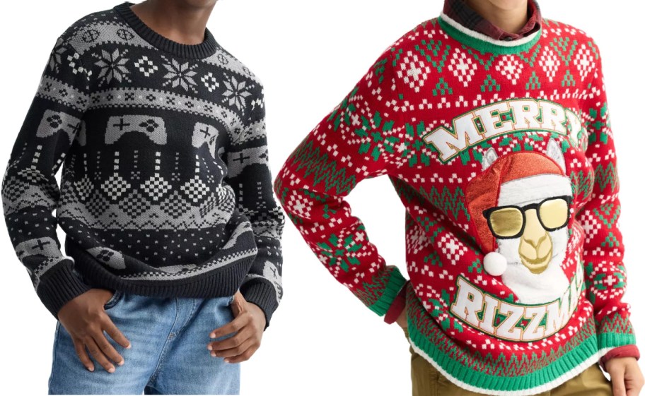 Two people modeling holiday sweaters side by side, featuring a black and gray gaming-themed pattern on the left and a festive red-and-green llama design with sunglasses and the text "Merry Rizzmas" on the right.