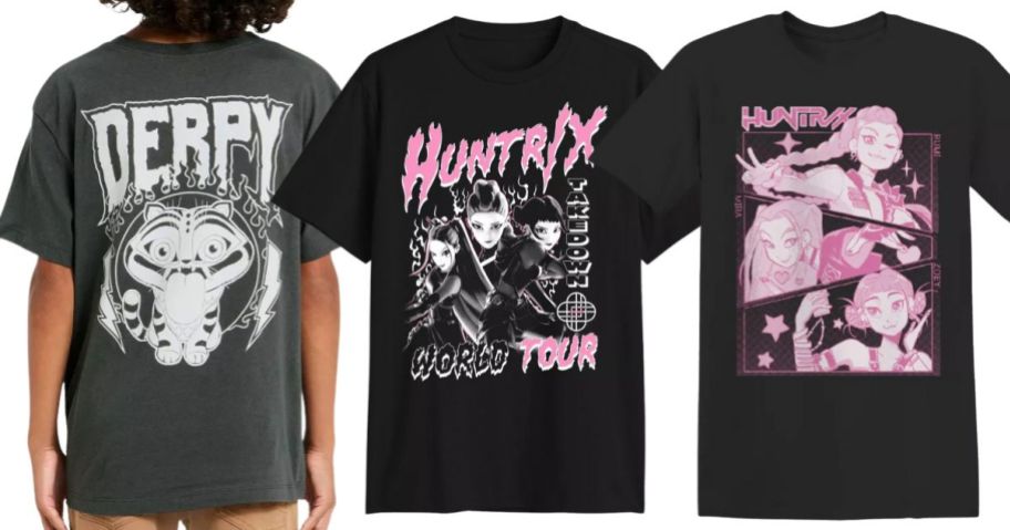 a boy wearing a kpop demon hunters shirt next to two other shirts