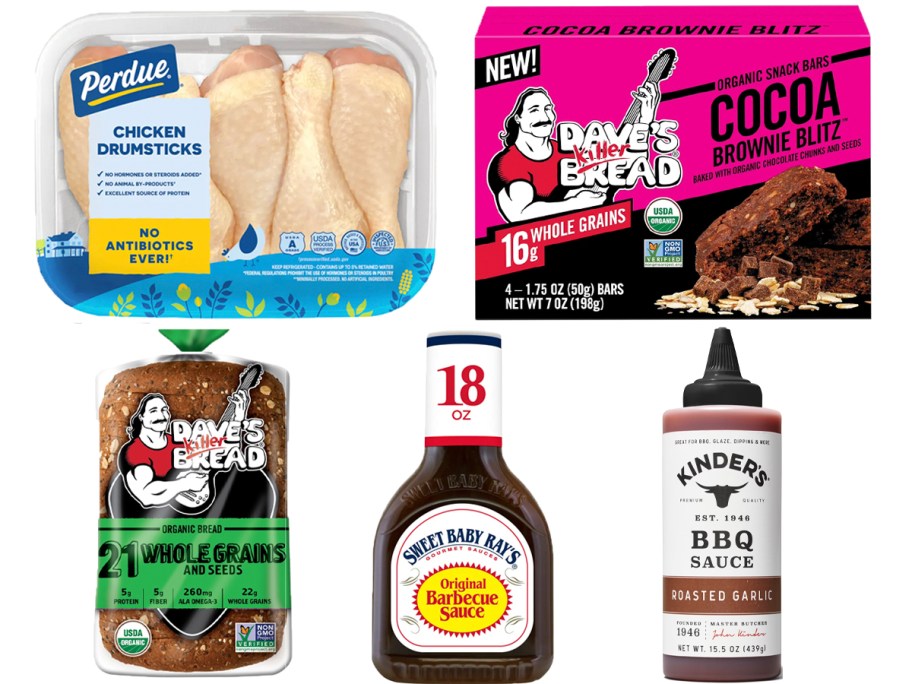 chicken, daves snack bars and bread, sweet baby rays and kinder bbq bottles 