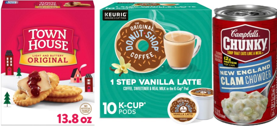 town crackers, green mountain kcups and campbells soup