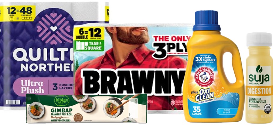 quilted northern, brawny paper towels, arm hammer laundry detergent, suja shots and bibigo rice roll 