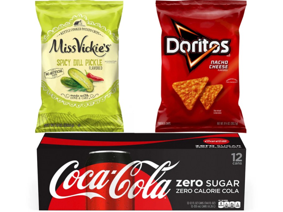 miss vickies, doritos and coca cola can box