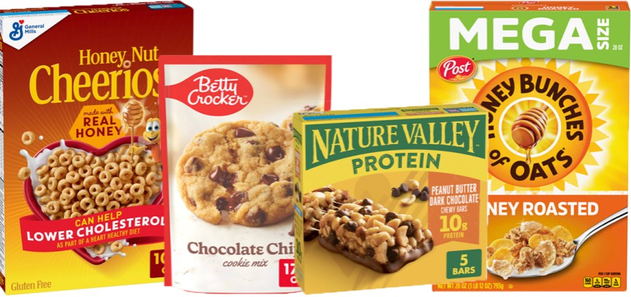 cheerios, honey bunches of oats, betty crocker cookies, and nature valley granola bars