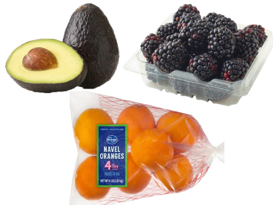 avocado, oranges, and blackberries