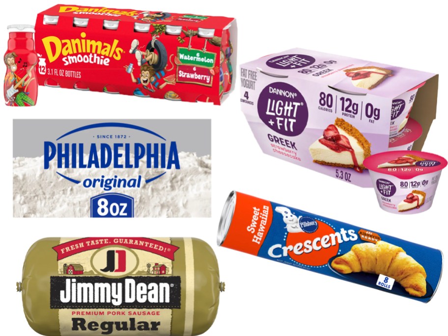 danimals, dannon, philadelphia cream cheese, biscuit can and jimmy dean sausage