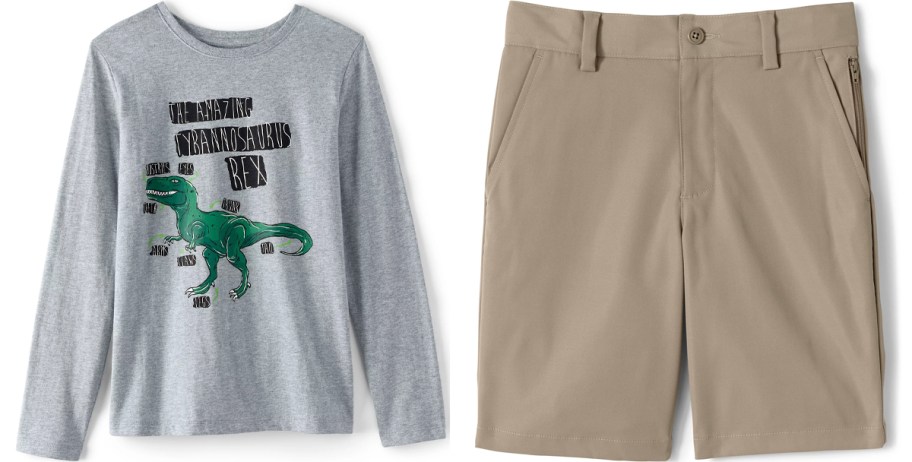 gray dino tee and tan shorts 