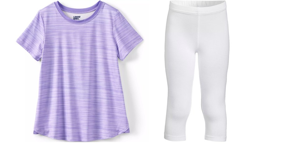 purple top and white leggings 