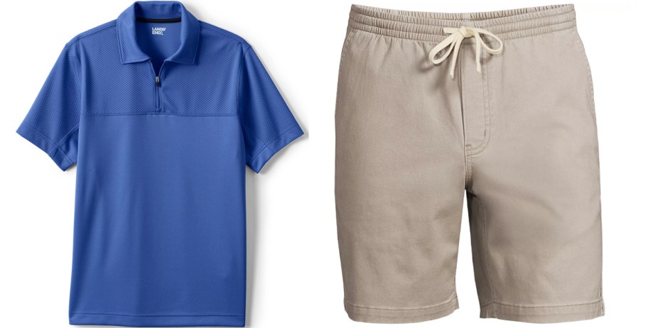 blue polo shirt and tan shorts 