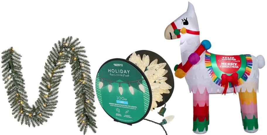 A lit garland, rolled up string lights and an inflatable holiday llama.
