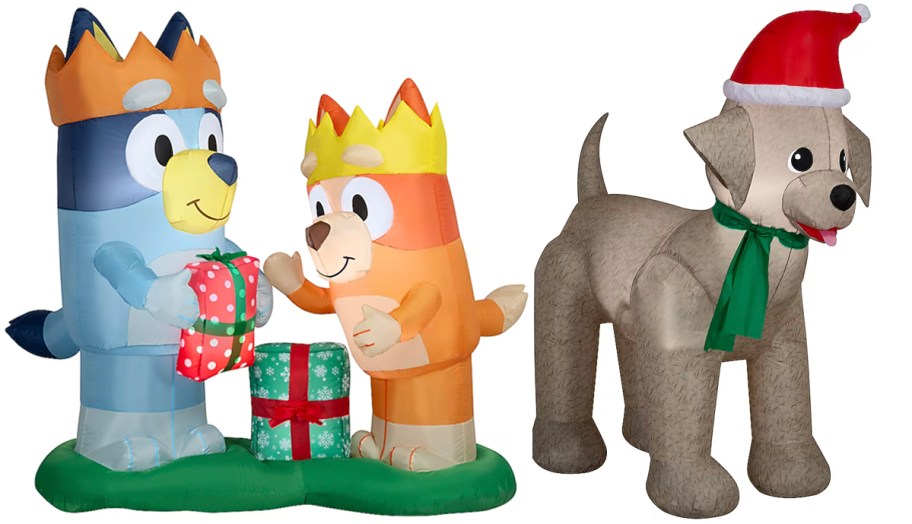 bluey bingo, and dog christmas inflatables