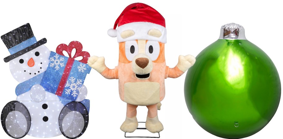 An inflatable snowman, Bluey Bing animatronic and a green bulb ornament.