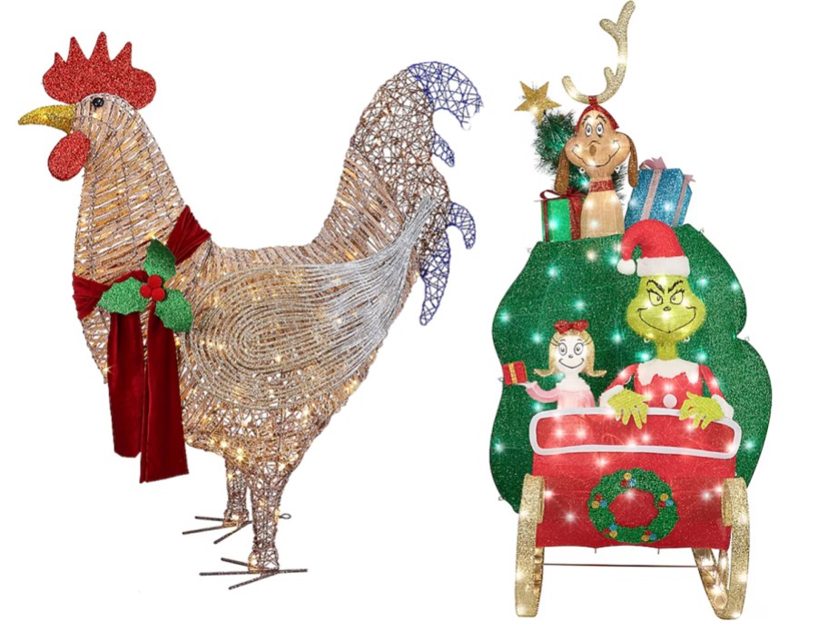 rooster and grinch outdoor decor