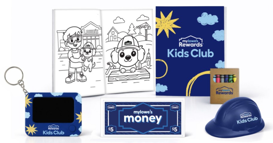 Lowe's coloring books, crayons, money, hard hat, and keychain