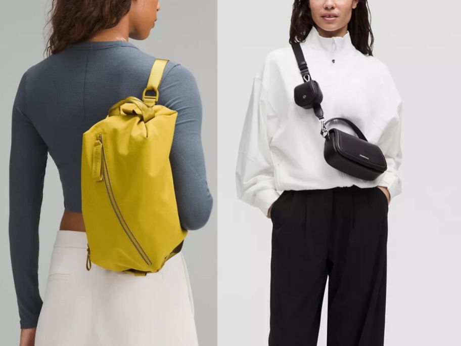 two different lulu lemon belt bags in yellow and black