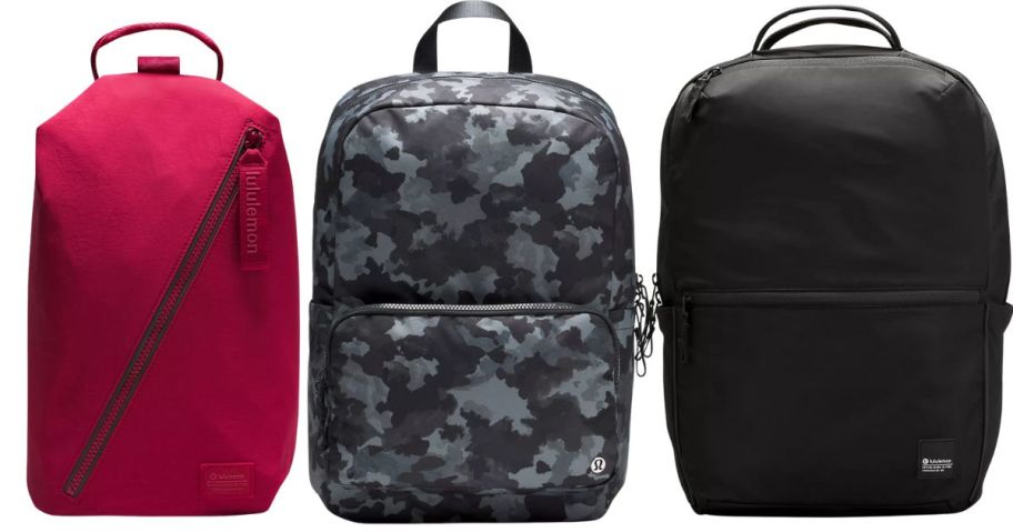 3 backpacks in pink, gray camo, and black