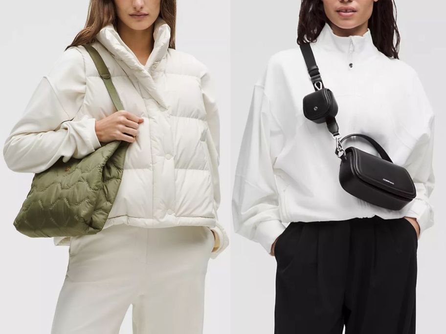 a woman with a green puffy tote bag and another with a black purse
