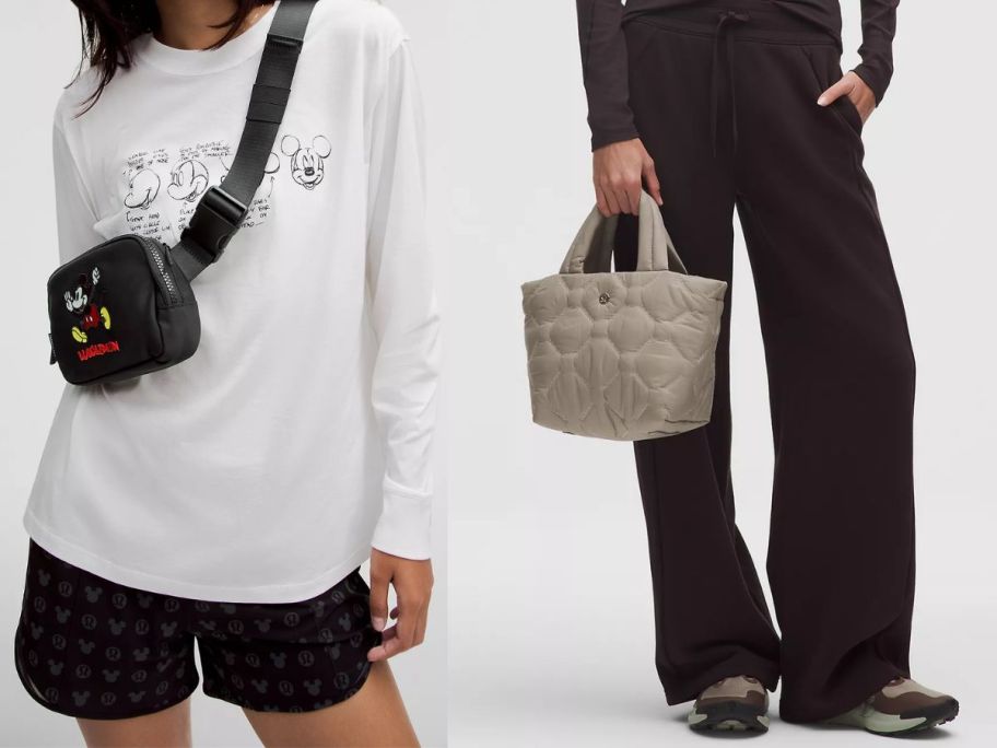 a woman with a Mickey Mouse blet bag and one with a tan puffy tote bag