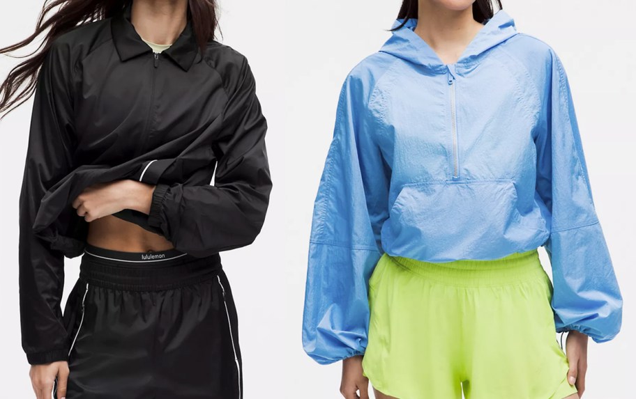 two women in black and blue jackets